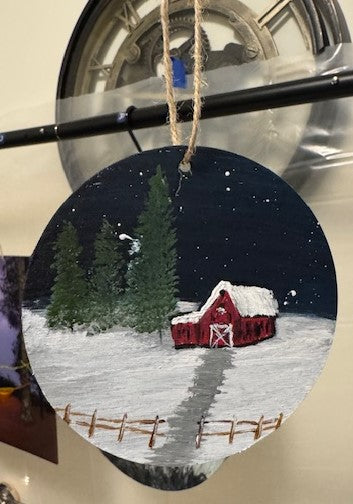 4 inch ornament - snowy barn