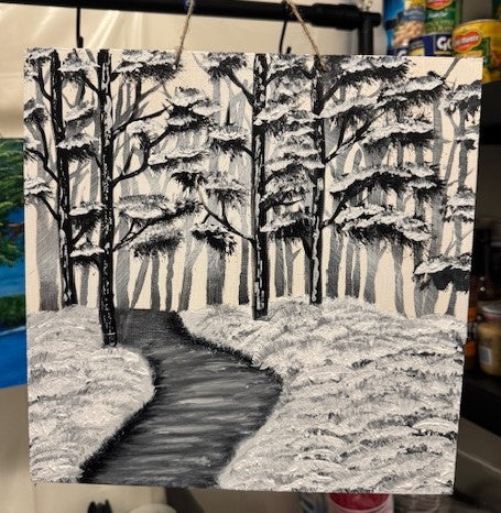 12 inch square black and white snow scene